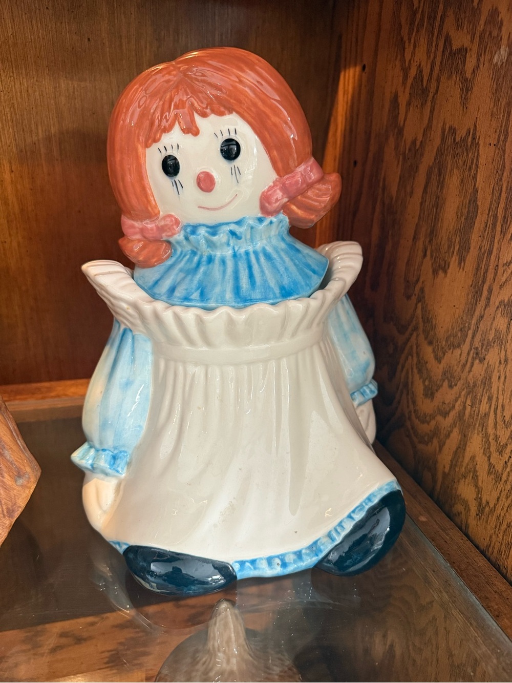 Vintage Ceramic Rag Doll Cookie Jar - Blue Dress & Red Hair